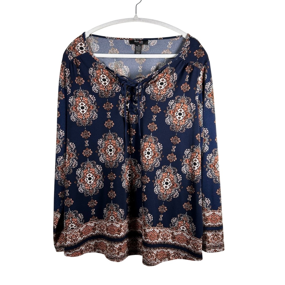 Style & Co Blouse Women 1X Navy Blue Medallion Lace Up Boho Long Sleeve Top